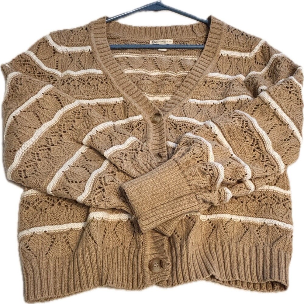 Cato XL Brown White Cable-Knit Striped Button Cardigan Sweater